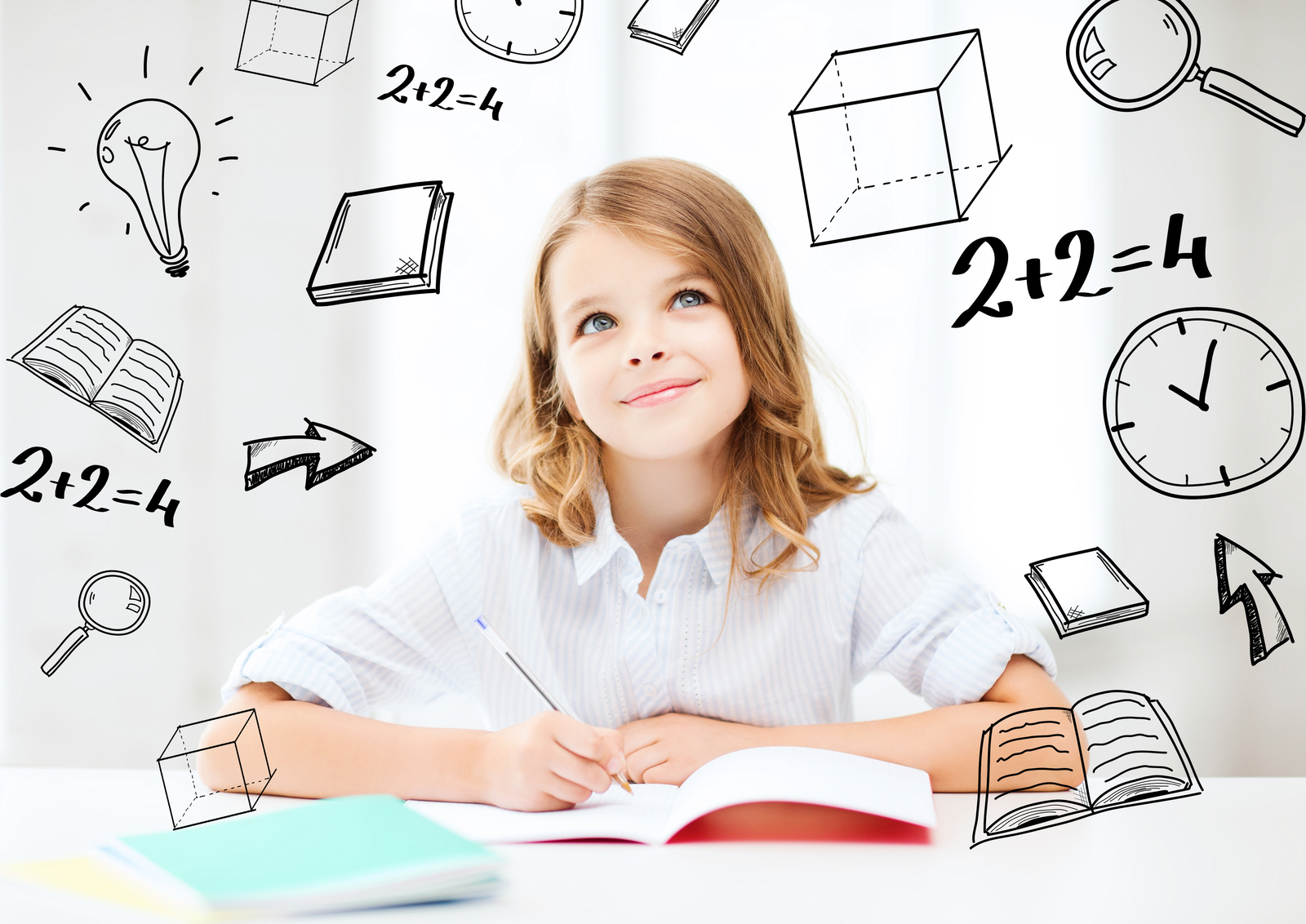 Smiling girl writing in a notebook, surrounded by educational icons, symbolizing effective note-taking for pediatric board exams.