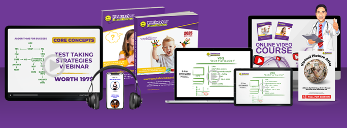 Pediatrics Board Review study guides, audio course, spreadsheets of study schedules, video course, and picture atlas shown in hardcopy resources, mobile, and tablet forms.