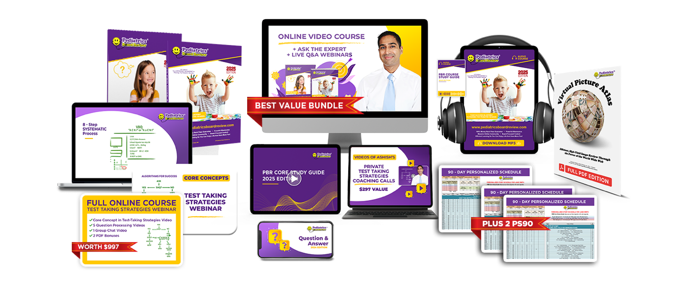 Pediatrics Board Review study guides, audio course, spreadsheets of study schedules, video course, test-taking strategy course shown in formats including hardcopy resources, mobile, and tablet forms.